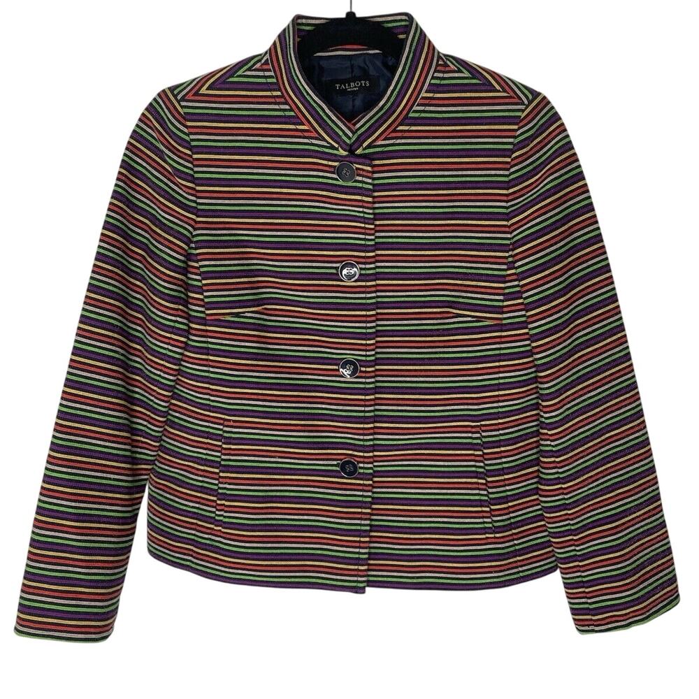 Talbots Woman Jacket Stripe Green Orange Multi Buttons Lined Size 4 petite